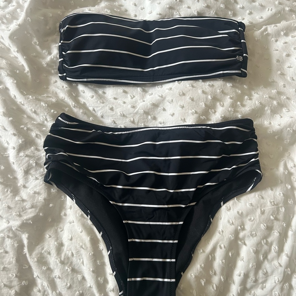- Striped Black and White Bandeau Bikini Set, La vie En Rose. Small